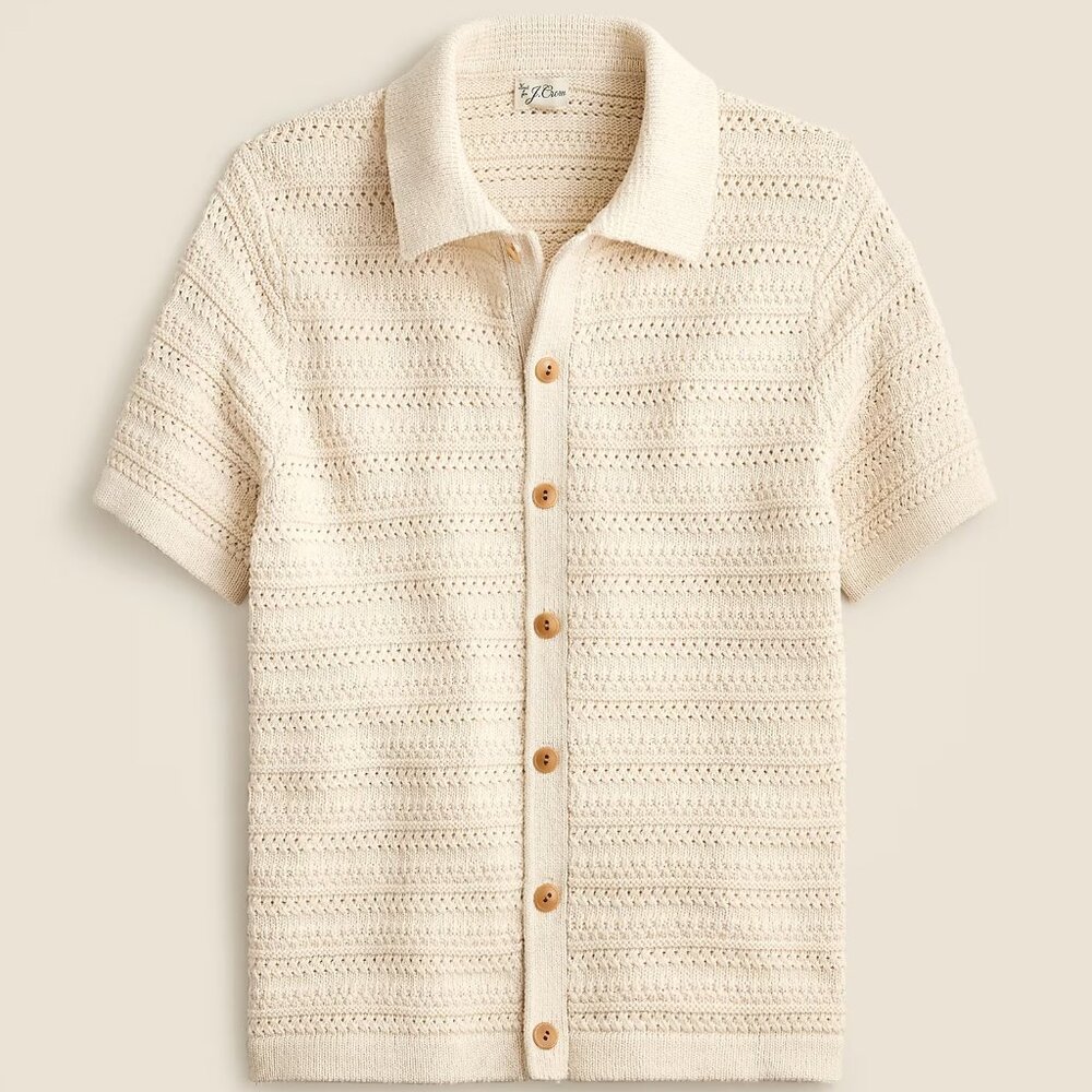 NWT J Crew Short Sleeve Open-Stitch Polo Cardigan Sweater in Ivory White